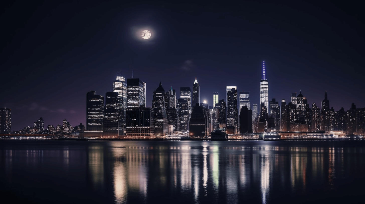 Belíssimo skyline de New York a noite, com a lua cheia linda e brilhante o qual você pode ter a oportunidade de contemplar através da nossa assessoria para obtenção de visto americano