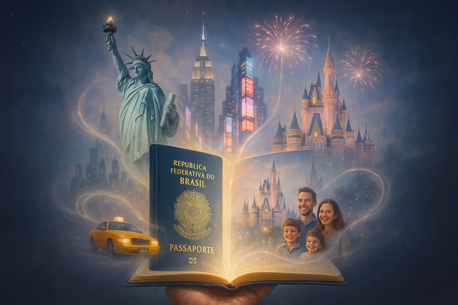 Ilustração de um passaporte brasileiro se abrindo com luz e símbolos dos EUA como Disney, NYC e liberdade